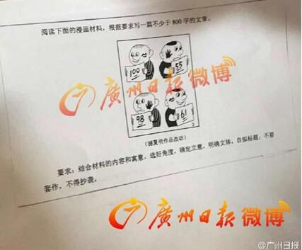 两幅漫画大致内容是:100分变98分被批评,55分变61分被表扬!考生自拟题目。